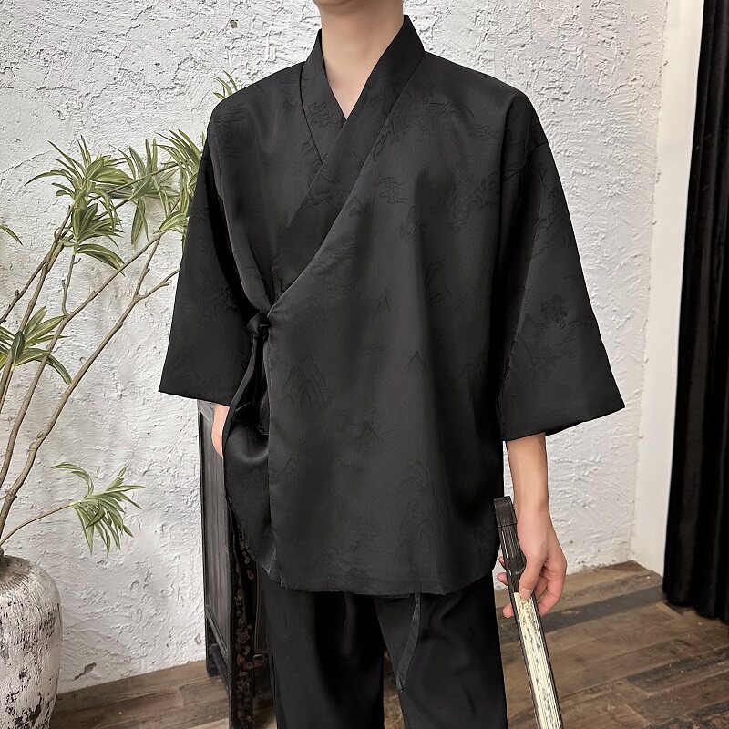 新中式汉服山水提花锦缎斜襟绑带设计中袖男女道袍上衣3575P135,男装民族服装,电商A246