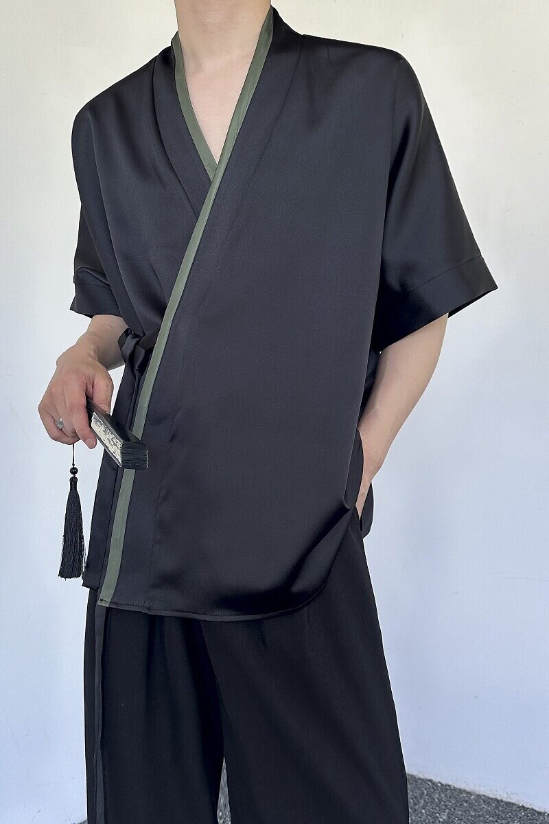 夏季新中式缎面拼色绑带设计短袖男女衬衣复古风禅意5257P85,男装T恤,电商A246