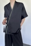 夏季新中式缎面拼色绑带设计短袖男女衬衣复古风禅意5257P85，男装T恤，电商A246