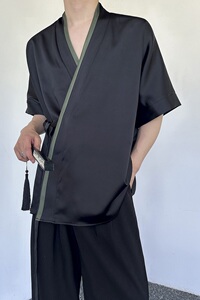 夏季新中式缎面拼色绑带设计短袖男女衬衣复古风禅意5257P85图片