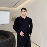 高级V领设计感褶皱垂感长袖T恤男潮宽松休闲打底纯色5137-P65，男装T恤，电商A246