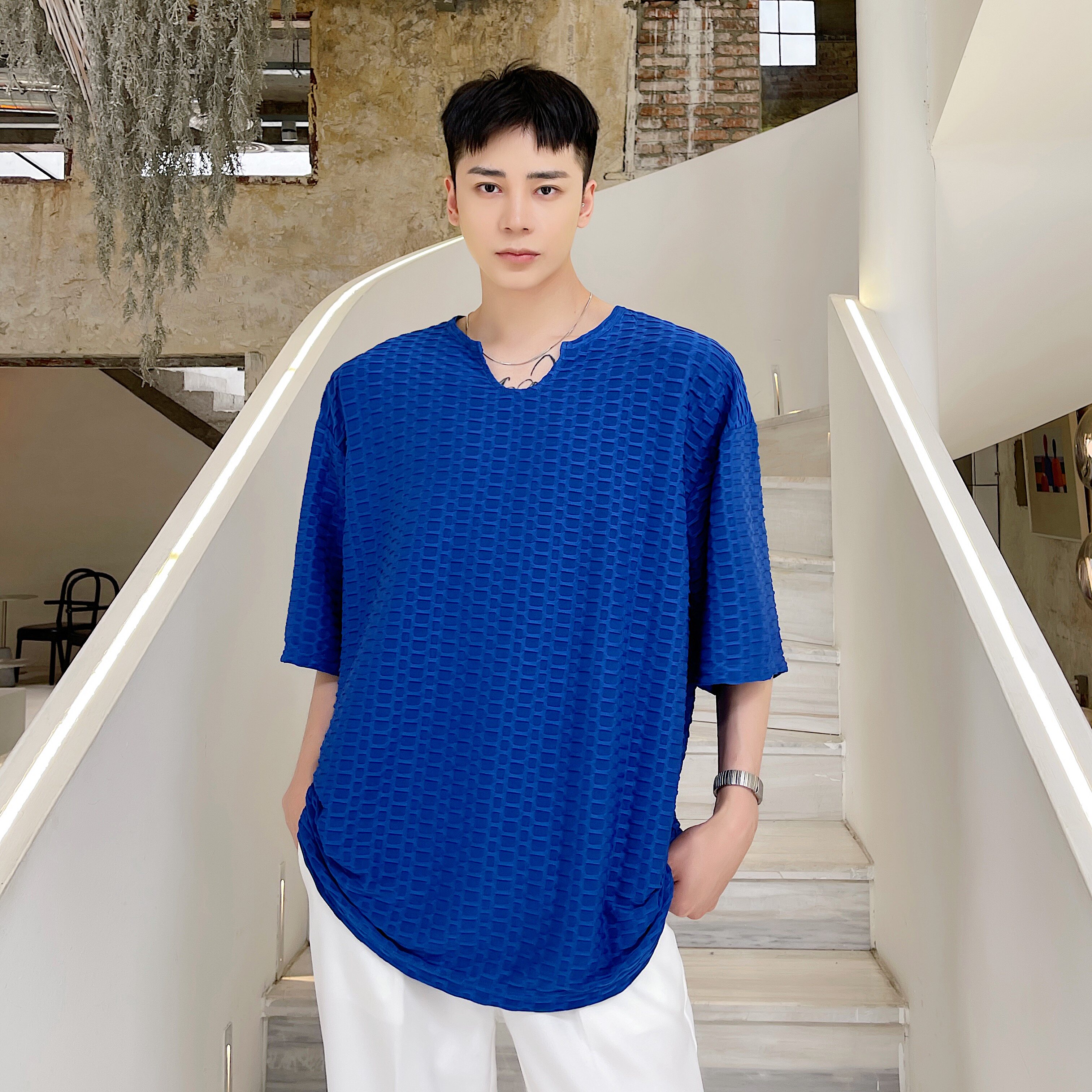 个性提花潮流V领百搭休闲短袖A246-3701-P50,男装T恤,电商A246