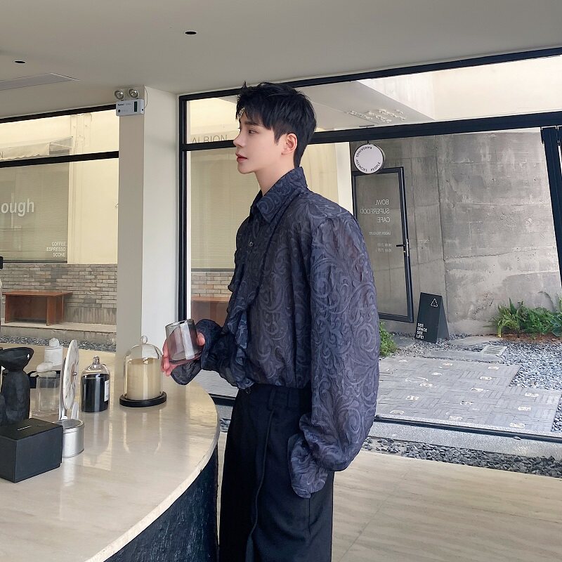 春夏个性压褶花边翻领长袖男女衬衣潮流痞帅薄纱防晒衬衫5235P85,男装防晒衣,电商A246