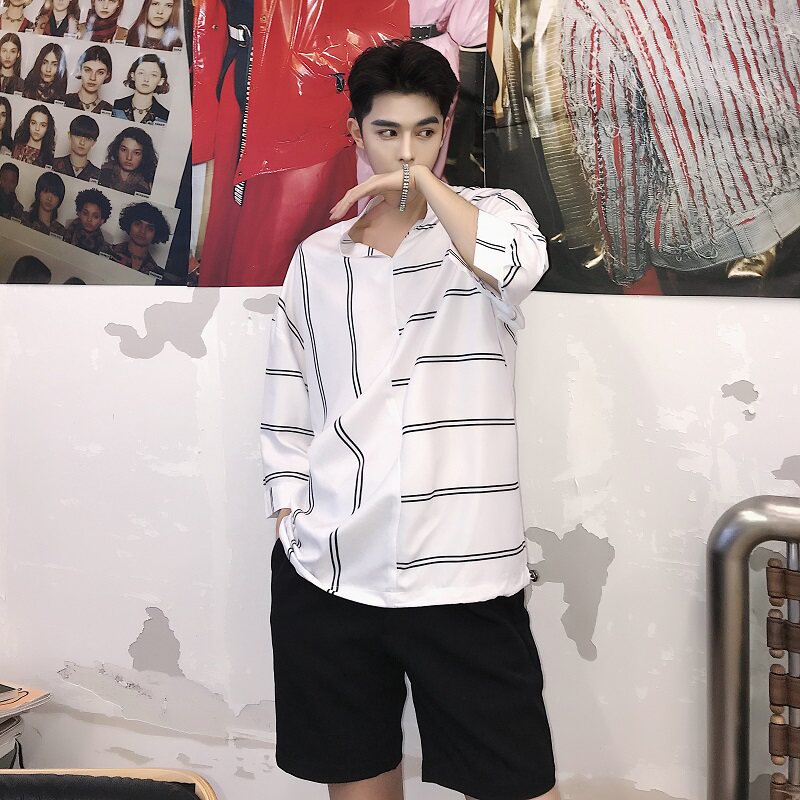 春季个性条纹不规则立领长袖韩版潮男衬衣A261-568-P55图片
