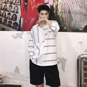 春季个性条纹不规则立领长袖韩版潮男衬衣A261-568-P55图片