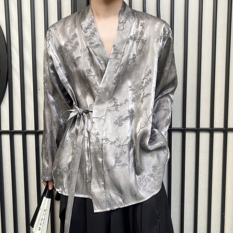 夏季丝光植绒新中式梅竹花长袖男女衬衣复古风衬衫9776P105，男装衬衫，电商A246