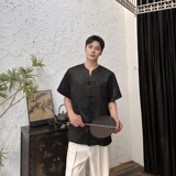 夏季新中式提花盘扣圆领短袖男女衬衣复古风禅意衬衫3569P85，男装衬衫，电商A246