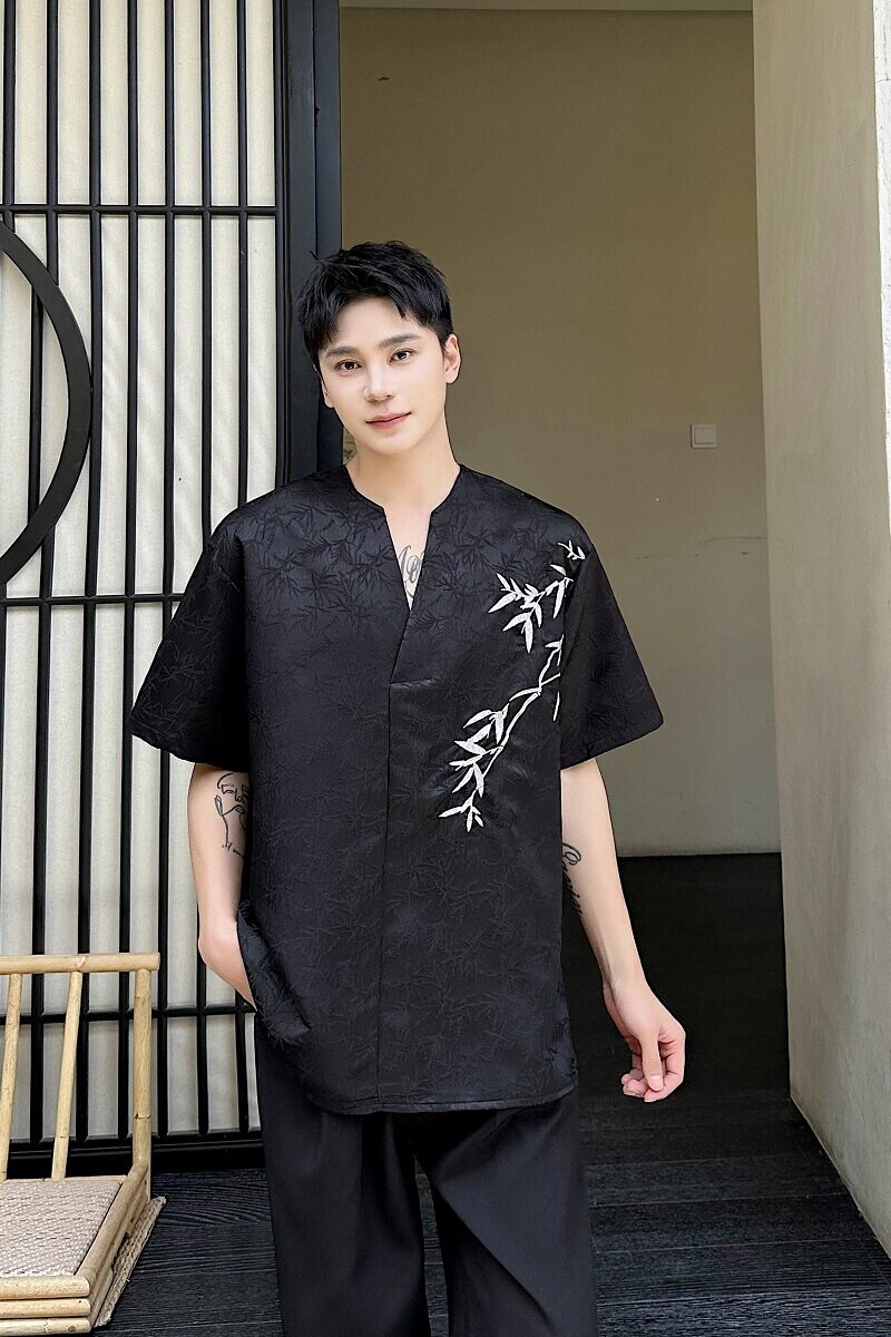 设计款提花锈竹立领盘扣复古衬衣A246-5260-P95,男装衬衫,电商A246