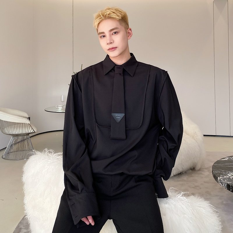 春夏新款领带设计套头翻领长袖男衬衣韩版简约百搭衬衫3609P80，男装衬衫，电商A246