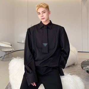 春夏新款领带设计套头翻领长袖男衬衣韩版简约百搭衬衫3609P80，男装衬衫，电商A246