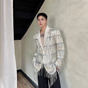 秋冬个性流苏亮片双层网纱设计款翻领休闲西服潮流痞帅6827P185图片