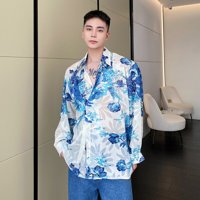早春轻奢个性翻领花衬衣潮流垂感轻薄款韩版男长袖衬衫5051P80图片