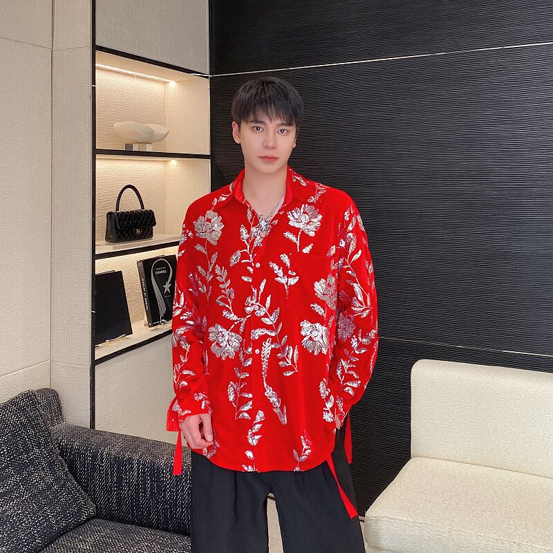 春季丝绒绣片翻领绑带设计长袖衬衣个性舞台装亮片表演服3565P115,男装衬衫,电商A246