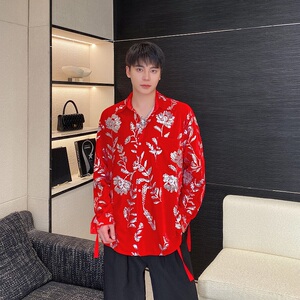 春季丝绒绣片翻领绑带设计长袖衬衣个性舞台装亮片表演服3565P115图片