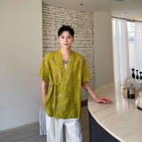 夏季新中式镂空花卉禅意绑带短袖男女衬衣风复古衬衫9778P80，男装衬衫，电商A246