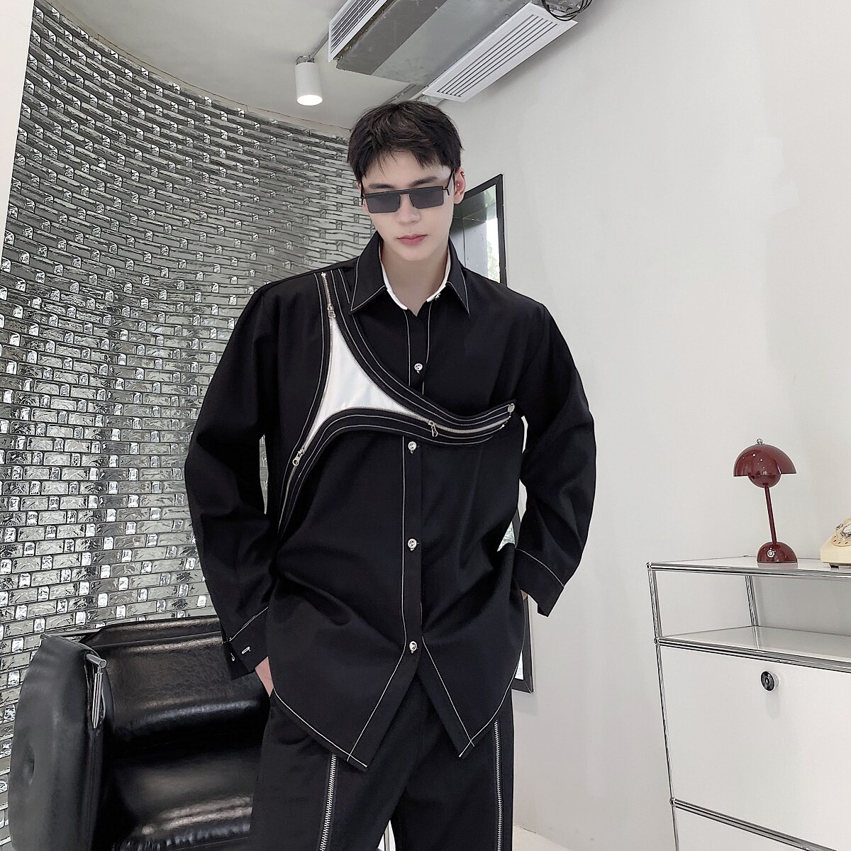 新款个性痞帅拉链拼接时尚潮流机能风翻领衬衣外套5097-P105,男装衬衫,电商A246
