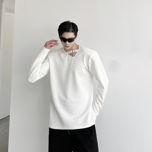 秋季新款个性V领皮袢垫肩设计男长袖T恤潮流内搭针织上衣5105P75图片
