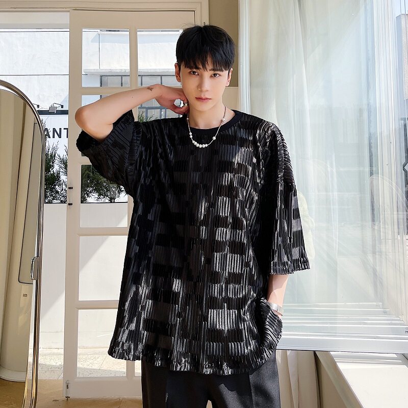 夏季新款个性褶皱菱形格缎面舒适简约高级感气质短袖2378-P55图片