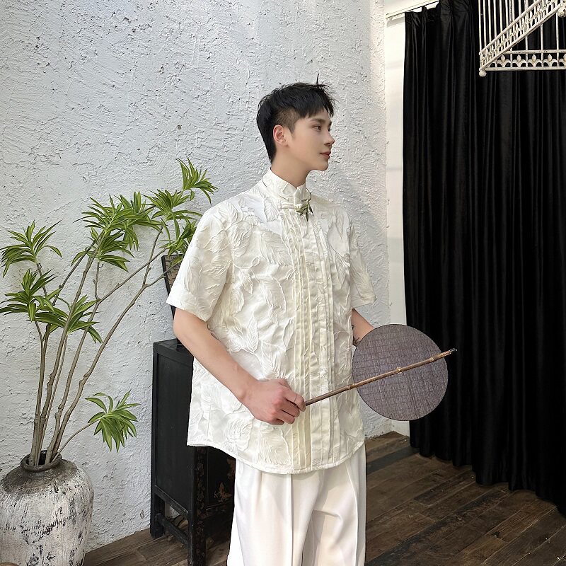 夏季新中式锦缎立体提花盘扣立领短袖男女衬衣风衬衫6815P95,男装衬衫,电商A246