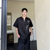 夏季新中式提花绣竹套头V领男女短袖衬衣复古禅意休闲衬衫5260P95，男装衬衫，电商A246
