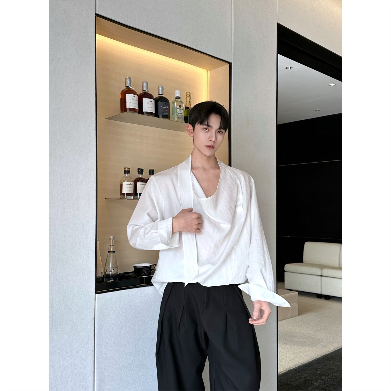 26春季套头飘带宽松亚麻复古休闲衬衣5303P85,男装衬衫,电商A246