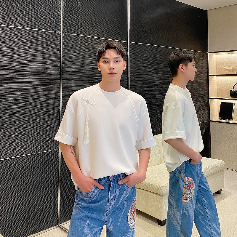 夏季新中式盘扣玉佩流苏设计原领短袖男女T恤复古休闲上衣9772P75,男装T恤,电商A246