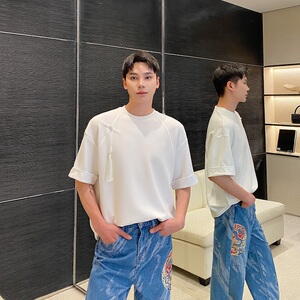 夏季新中式盘扣玉佩流苏设计原领短袖男女T恤复古休闲上衣9772P75图片
