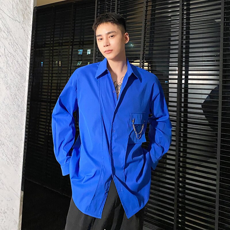 22新款克莱因蓝个性金属链条配饰翻领长袖男衬衣韩版衬衫3773P75，男装衬衫，电商A246