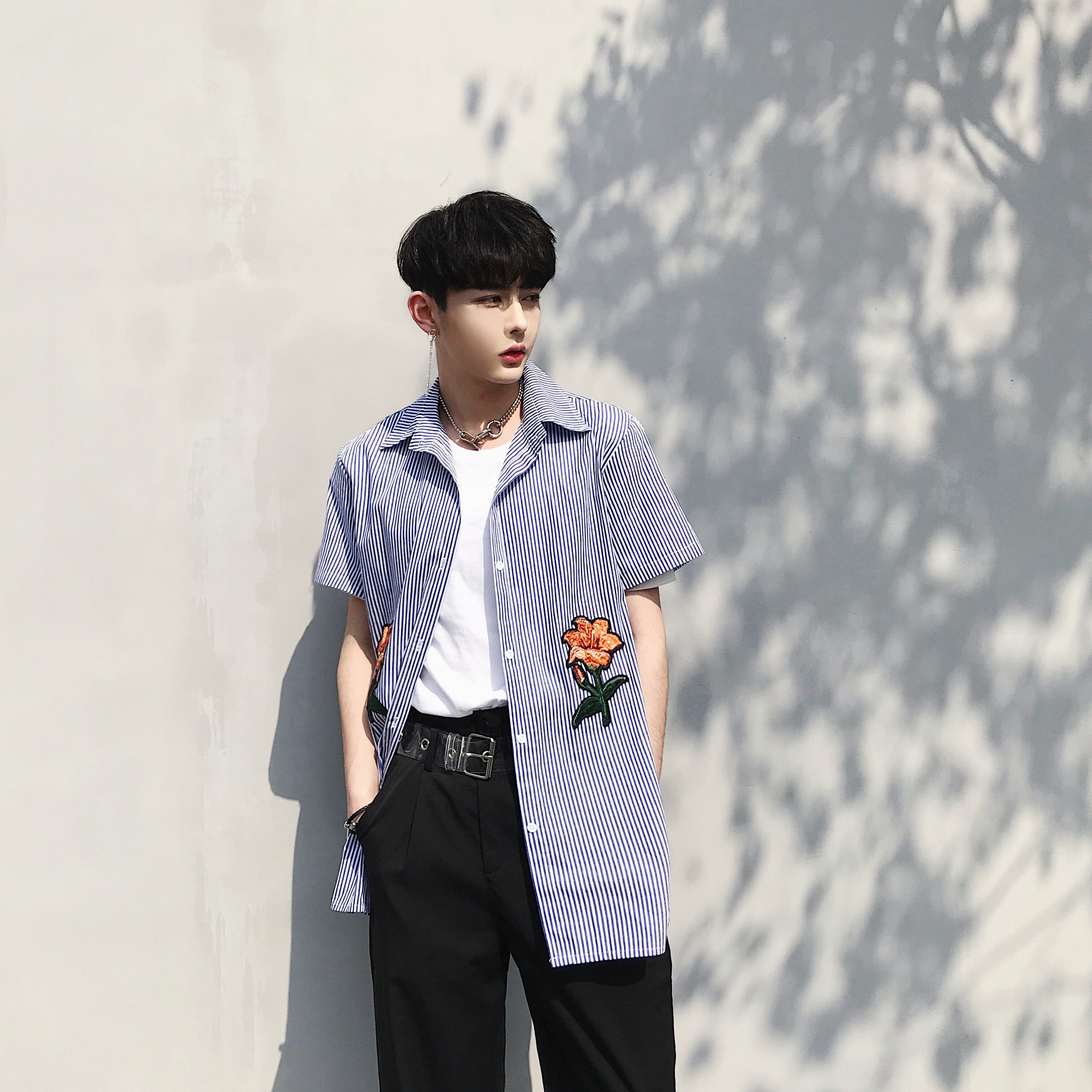 原创设计个性条纹绣花男款半袖衬衣A261-516-P55,男装T恤,电商A246