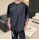 夏季新中式缎面提花拼接圆领短袖男女T恤复古风上衣9769P85，男装T恤，电商A246