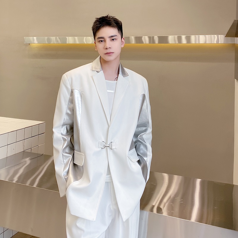 早春个性潮流银色PU拼接未来感雅痞男西服外套时髦简约5062P135，男装西服，电商A246