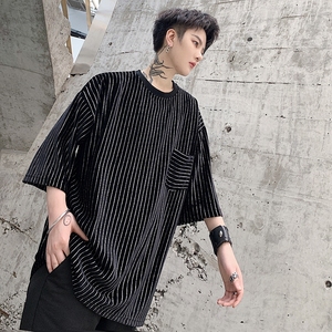 夏季个性暗黑系丝绒亮钻竖条圆领男短袖A261-2098-P60图片