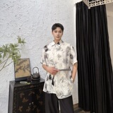 夏季新中式墨竹印花多片刺绣网纱翻领短袖男女衬衣6824P90，男装T恤，电商A246