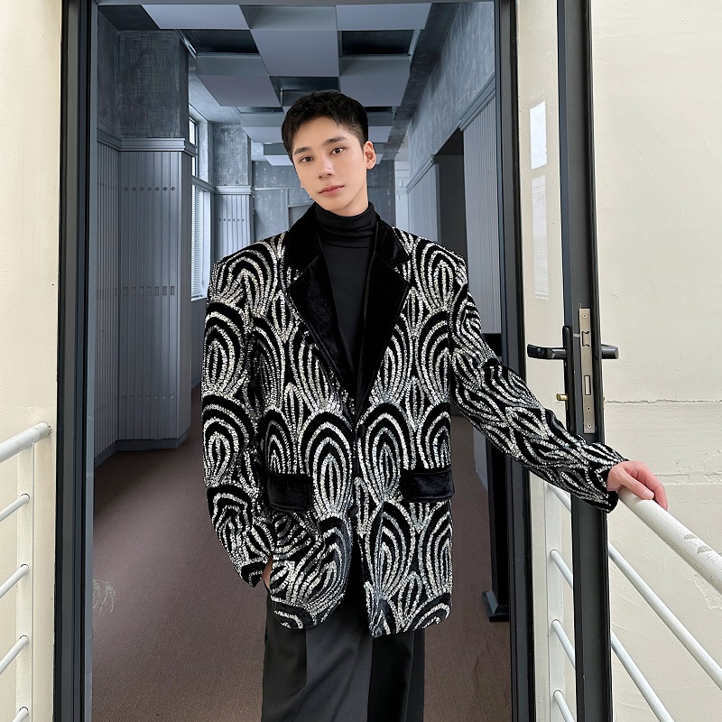 潮流轻奢重工艺亮片丝绒翻领西服外套个性时髦西装2657P160，男装西服套装，电商A246