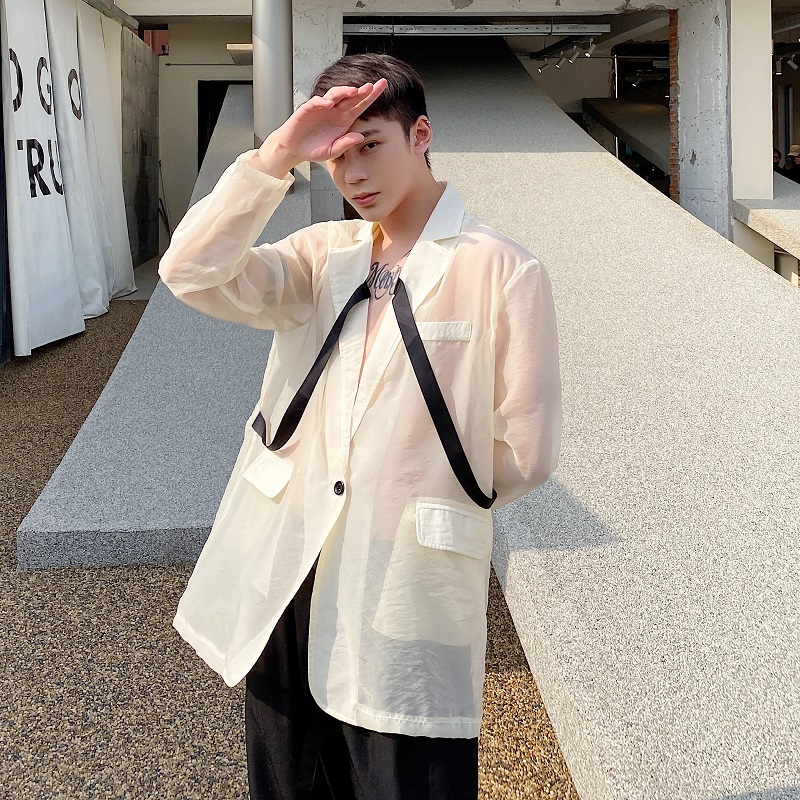 夏季潮流欧根纱防晒西服男外套个性设计超薄时髦痞帅上衣5074P95，男装防晒衣，电商A246