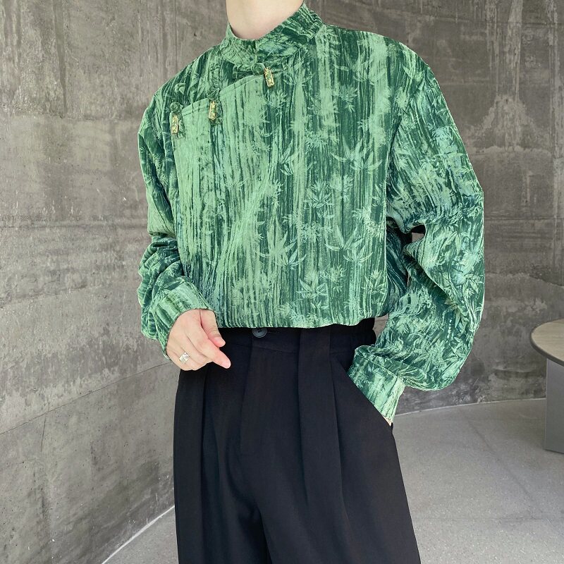秋季丝绒褶皱压花立领盘扣男女衬衣复古禅意玉竹挂饰衬衫2606P115图片