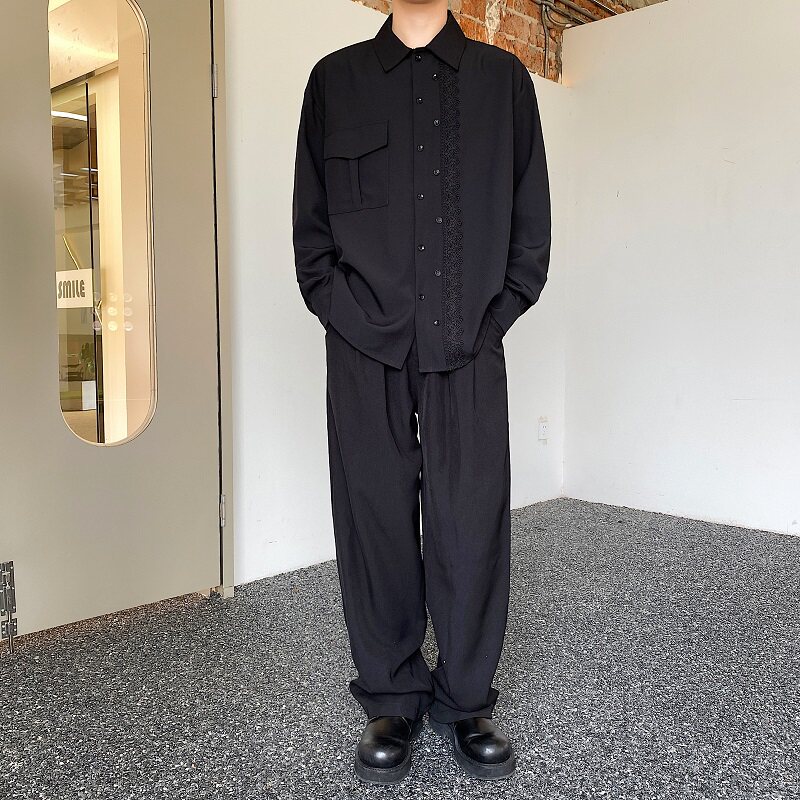 秋季潮流休闲翻领长袖男女衬衣个性花边设计宽松痞帅衬衫5167P85,男装衬衫,电商A246