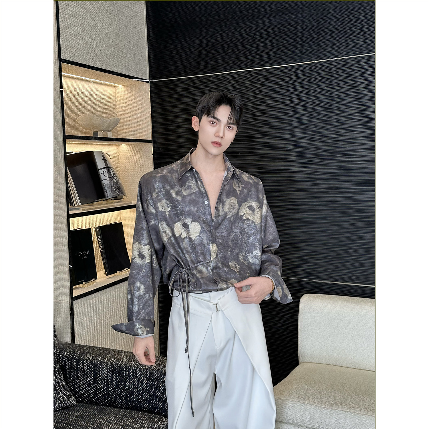 新款潮流印花翻领绑带设计长袖男衬衣5309P75，男装衬衫，电商A246