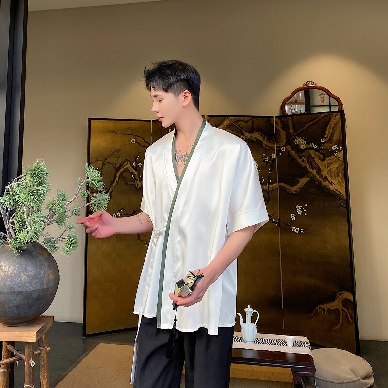夏季新中式缎面拼色绑带设计短袖男女衬衣复古风禅意5257P85,男装T恤,电商A246