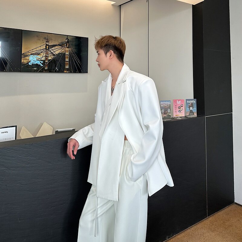 春季新款西服套装小众双领绑带设计西服阔腿休闲直筒长裤6831P245,男装西服,电商A246