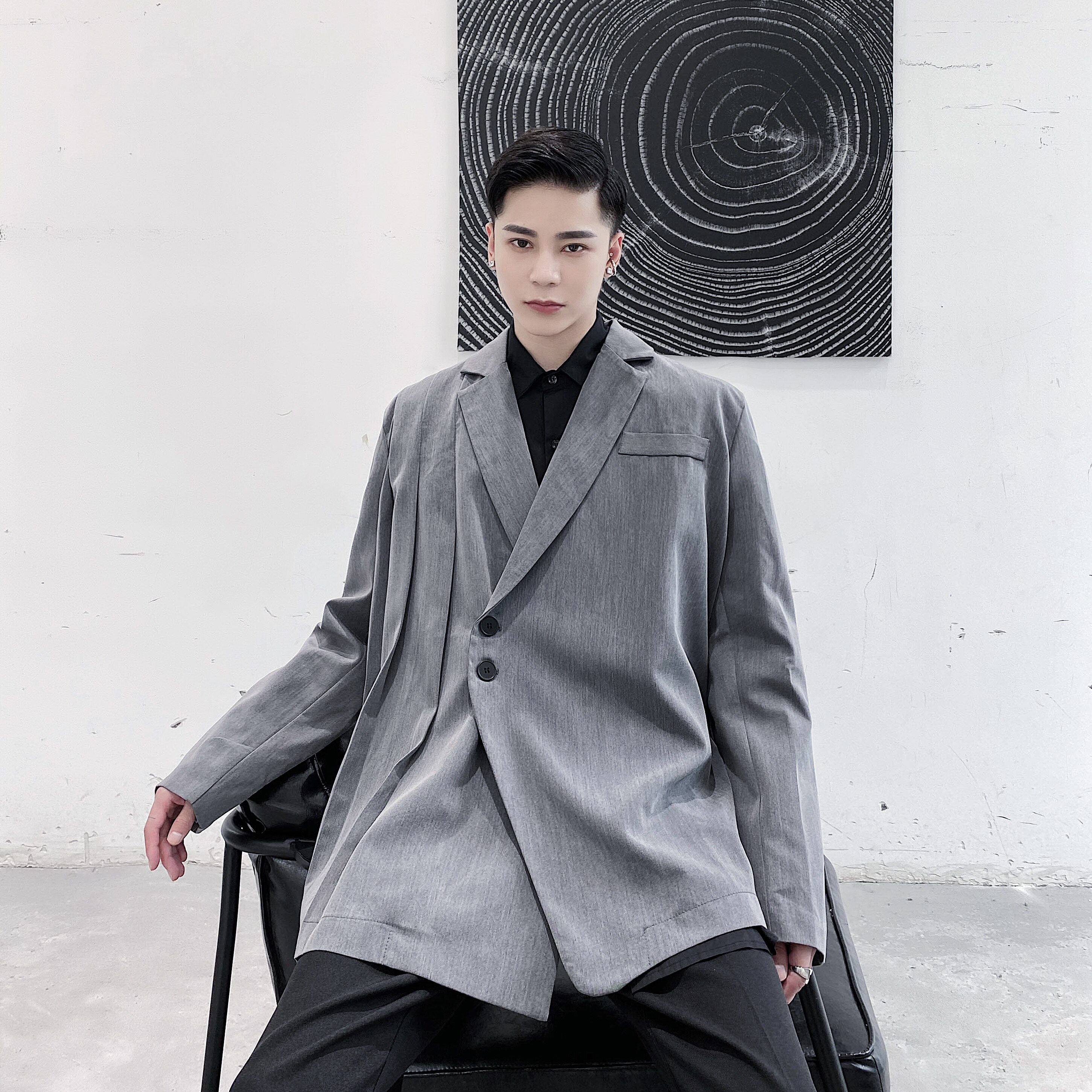 早春原创设计灰色褶皱多系带多种穿法时尚休闲西服A246-3983-P135,男装西服,电商A246