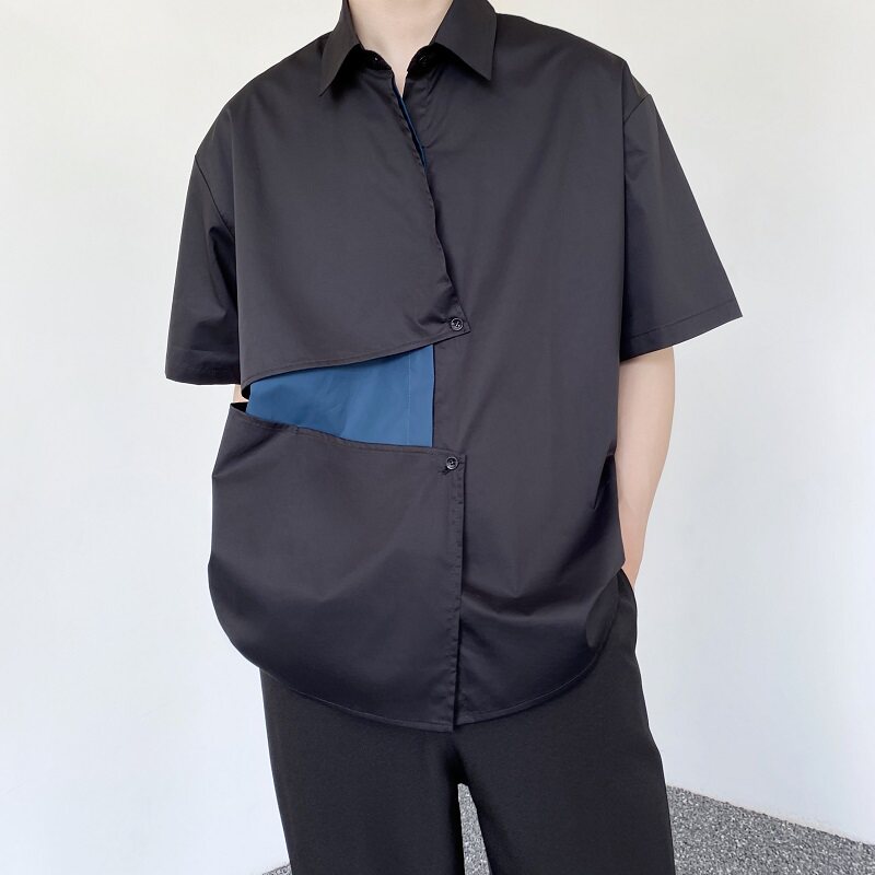 个性双门襟拼色设计翻领短袖衬衣A246-3507-P70,男装衬衫,电商A246