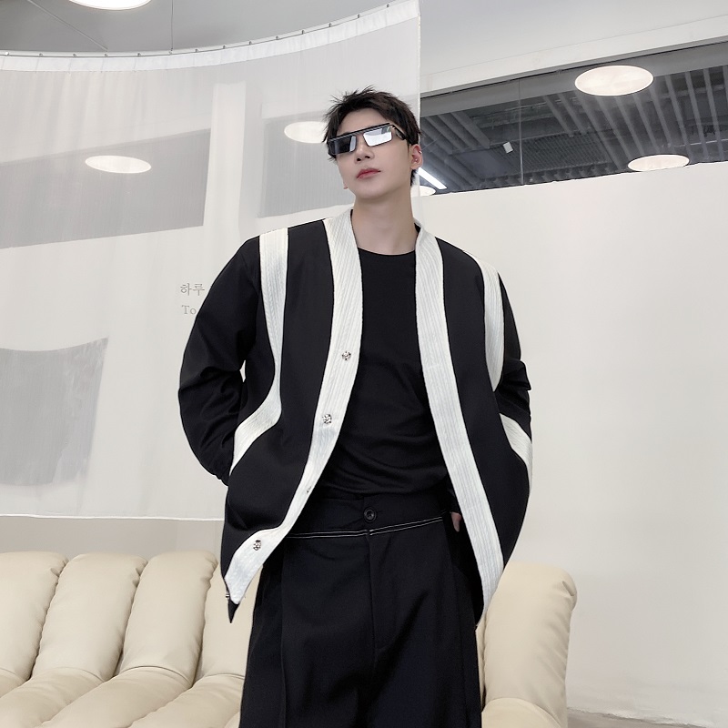 定制设计款拼接撞色条纹宽松痞帅高级感休闲西服外套3679-P135，男装西服，电商A246