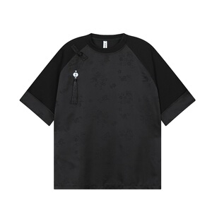 缎面提花拼接圆领复古中式短袖A246-9769-P85图片