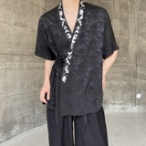 夏季新中式缎面提花刺绣绑带设计短袖男女衬衣风禅意9777P90，男装T恤，电商A246