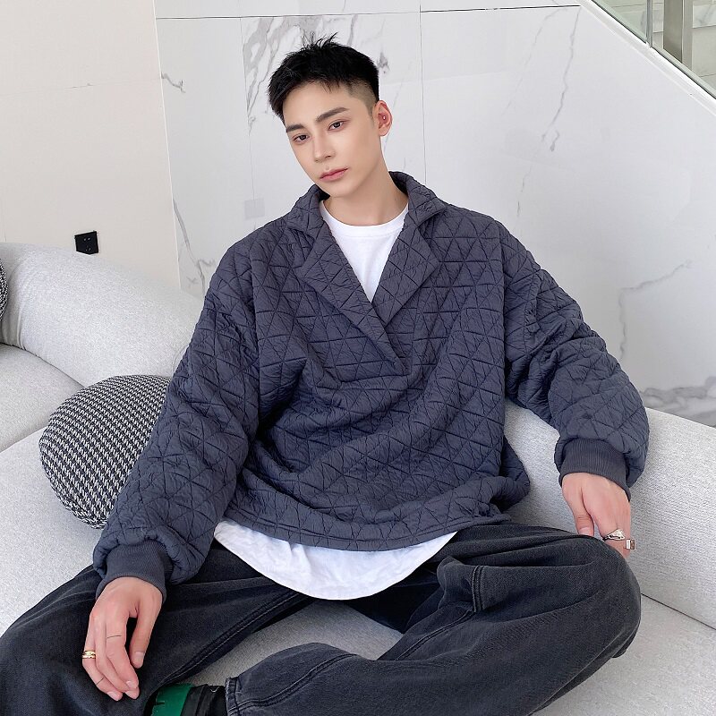冬季个性菱形格绗棉翻领加厚套头男上衣外套卫衣A246-5020-P90,男装卫衣,电商A246