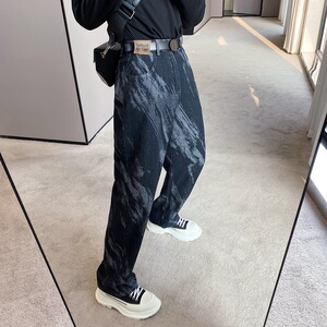 设计感肌理纹潮流直筒男牛仔裤潮流韩版休闲阔腿牛仔长裤ZK03P75图片