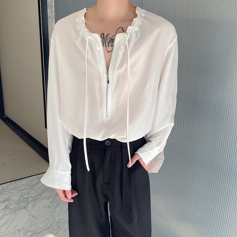 夏季个性圆领抽绳拉链设计欧根纱长袖防晒男女衬衣3563P85,男装防晒衣,电商A246