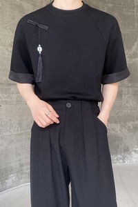 夏季新中式盘扣玉佩流苏设计原领短袖男女T恤复古休闲上衣9772P75图片