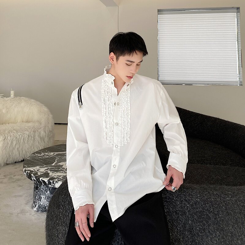 个性高级感设计立领褶皱宫廷风衬衫男潮牌痞帅宽松上衣5134-P85,男装衬衫,电商A246